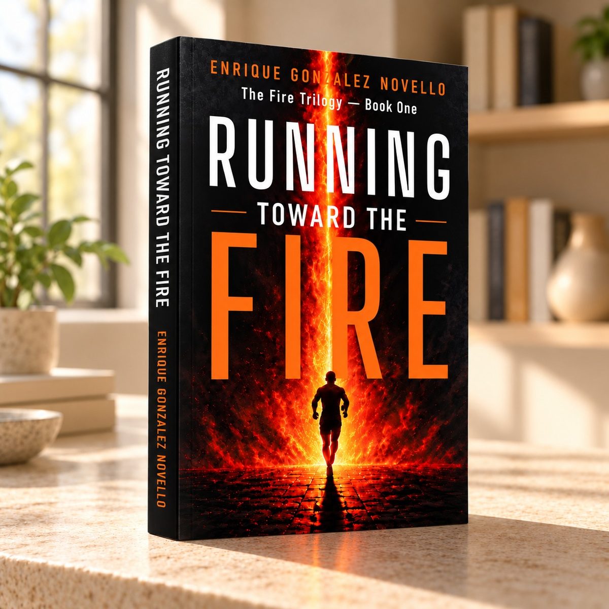 Running Toward the Fire, paperback, standing on a kitchen counter in morning light